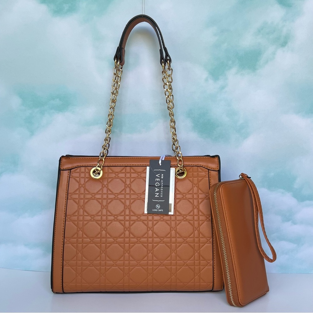 Brown Tote and Wallet Set Vegan Leather Chain Strap